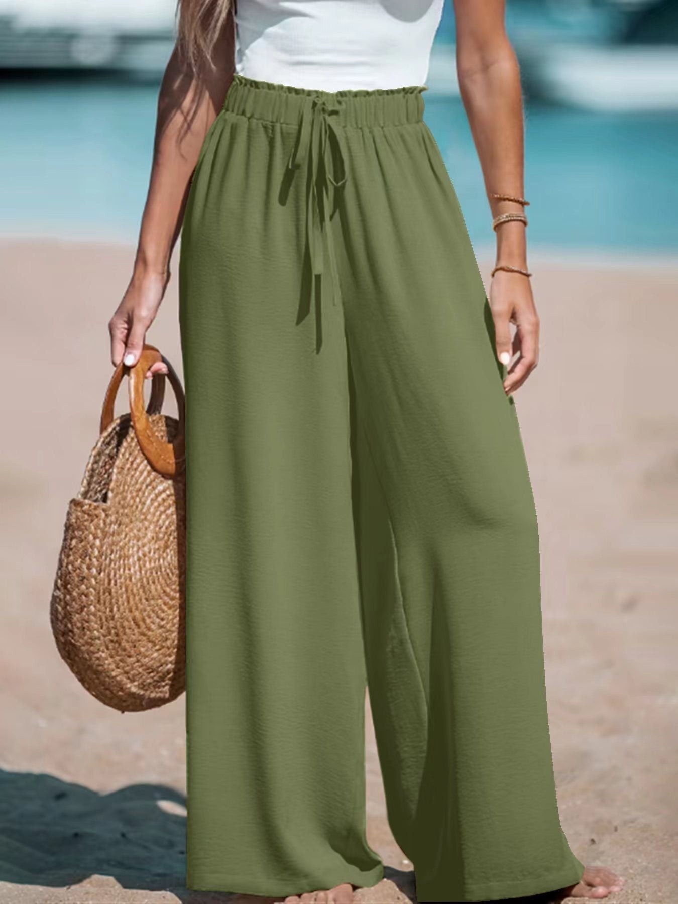 Pantalon large décontracté pour femme avec faux cordon de serrage