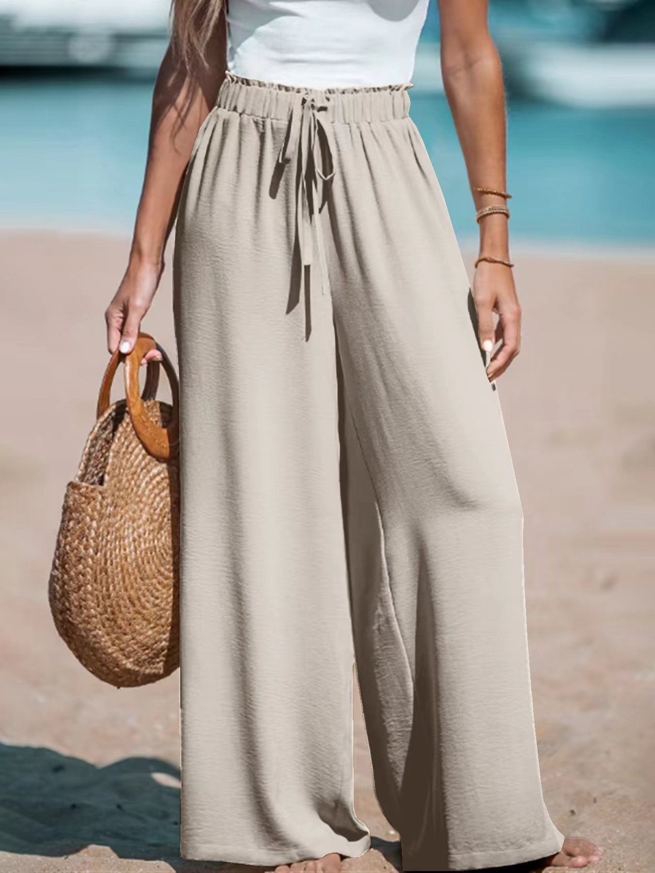 Pantalon large décontracté pour femme avec faux cordon de serrage