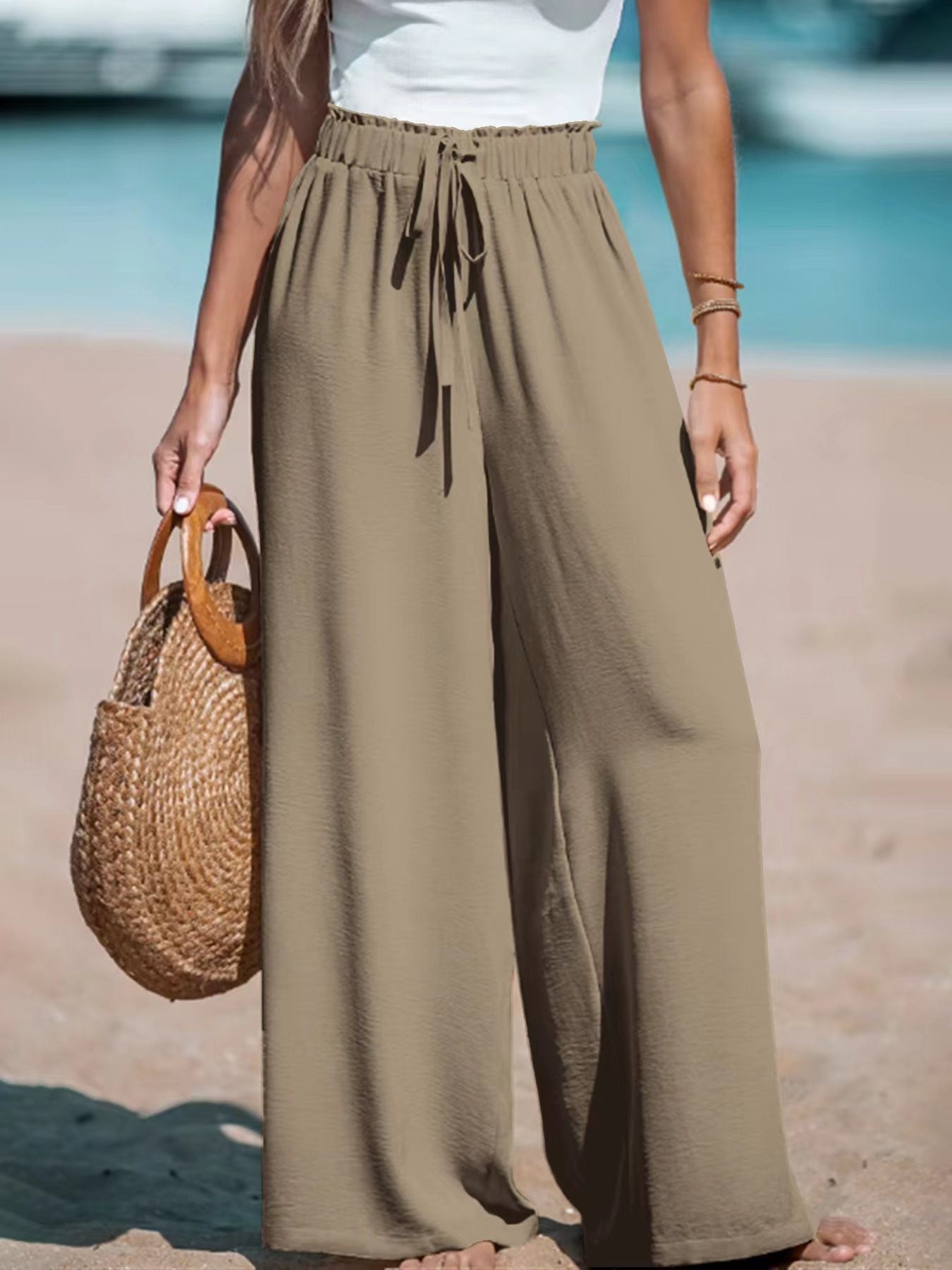 Pantalon large décontracté pour femme avec faux cordon de serrage