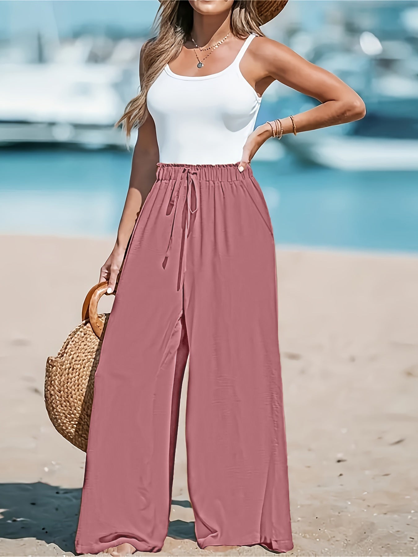Pantalon large décontracté pour femme avec faux cordon de serrage