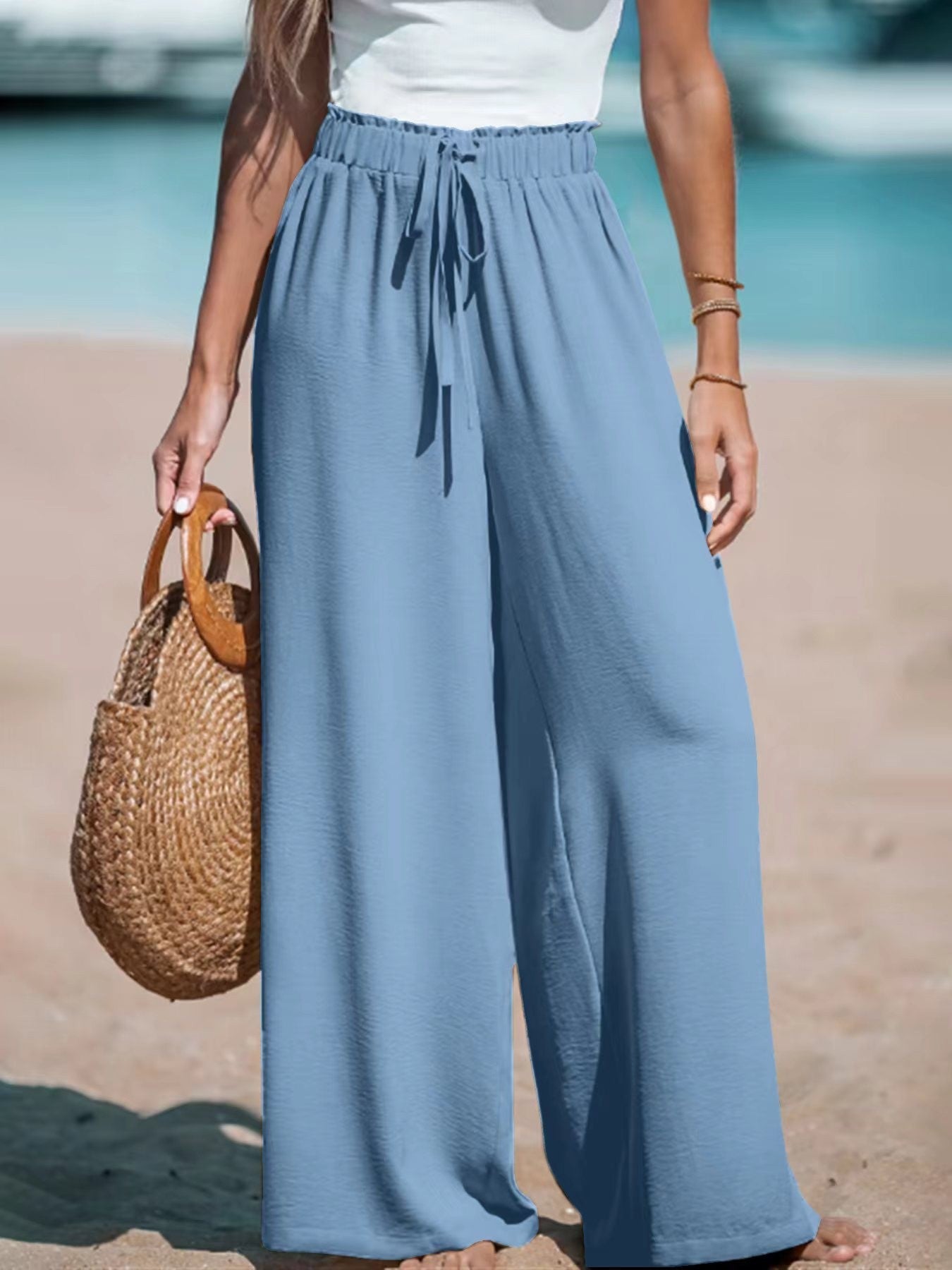 Pantalon large décontracté pour femme avec faux cordon de serrage