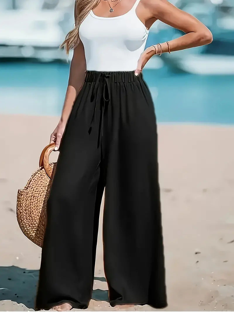 Pantalon large décontracté pour femme avec faux cordon de serrage
